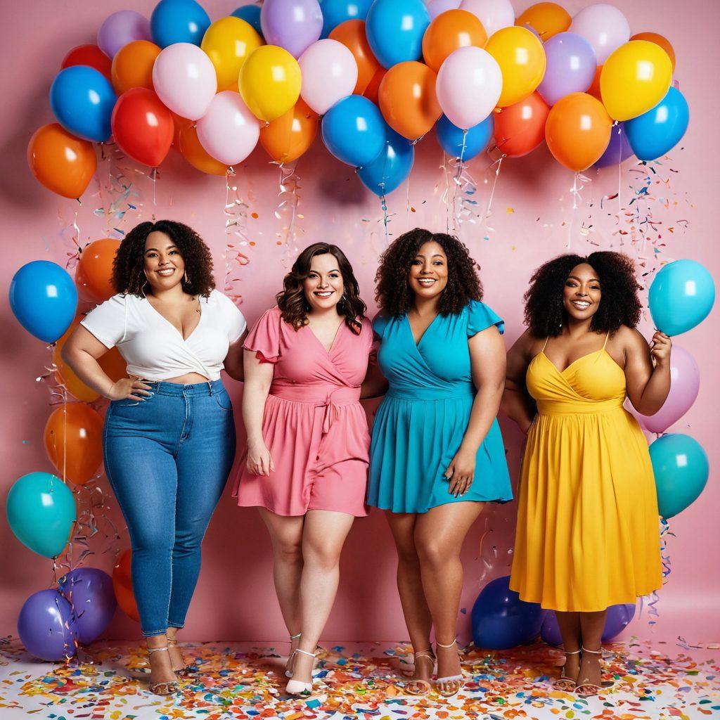 A joyful celebration of body positivity featuring a diverse group of curvy women exuding confidence and happiness, surrounded by playful and colorful elements like balloons and confetti. The setting is bright and inviting, with a fun atmosphere that encourages self-love and acceptance. Incorporate a whimsical style with bold, vibrant colors to enhance the playful theme. 3D. vibrant colors. cheerful tones.